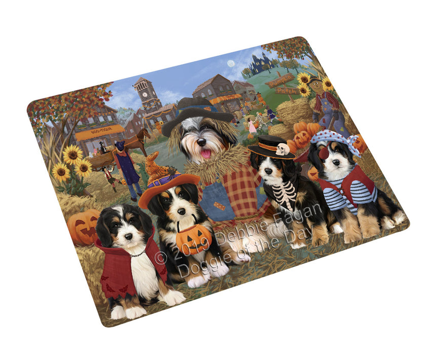 Halloween 'Round Town And Fall Pumpkin Scarecrow Both Bernedoodle Dogs Cutting Board C77044