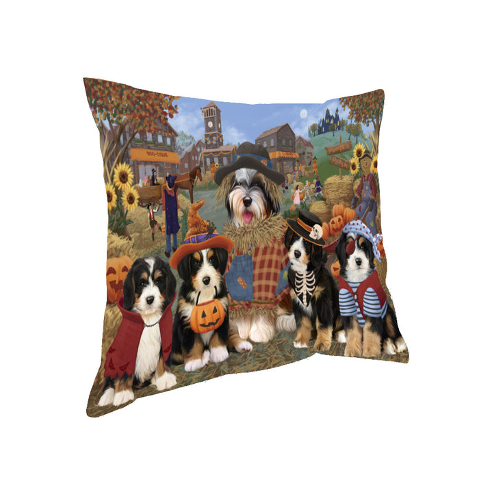 Halloween 'Round Town And Fall Pumpkin Scarecrow Both Bernedoodle Dogs Pillow PIL82284