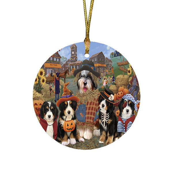 Halloween 'Round Town And Fall Pumpkin Scarecrow Both Bernedoodle Dogs Round Flat Christmas Ornament RFPOR57375