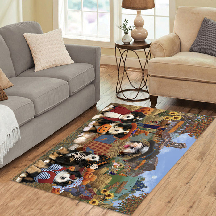 Halloween 'Round Town and Fall Pumpkin Scarecrow Both Bernedoodle Dogs Area Rug