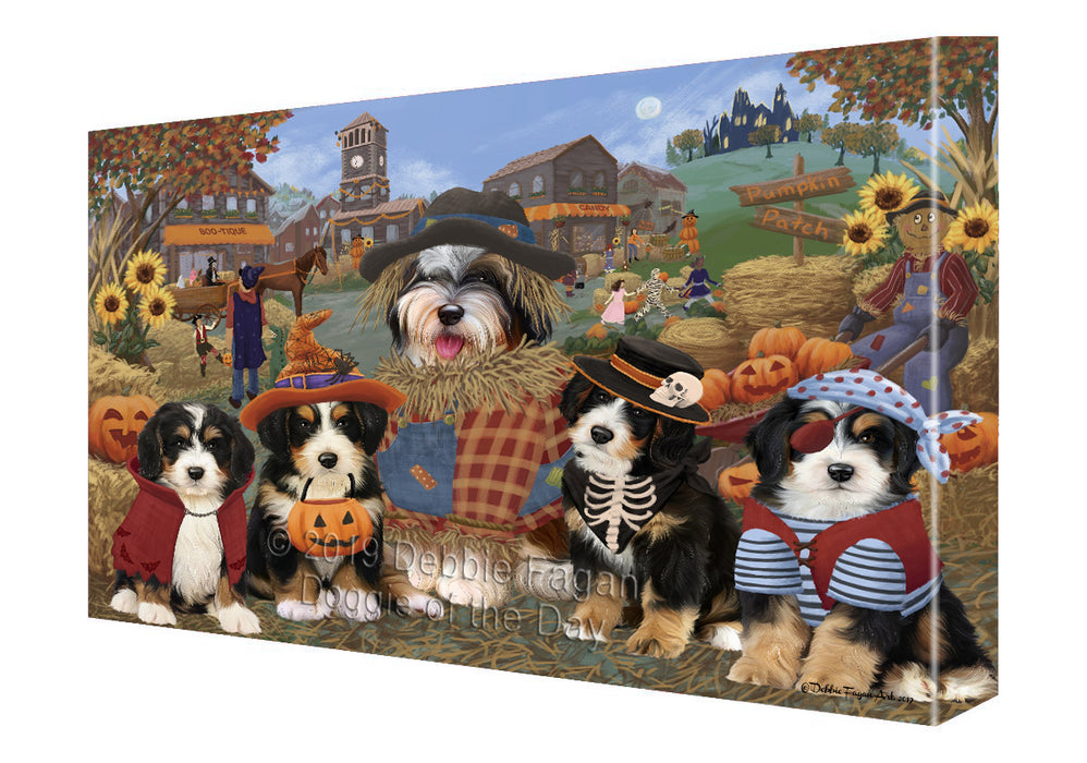 Halloween 'Round Town And Fall Pumpkin Scarecrow Both Bernedoodle Dogs Canvas Print Wall Art Décor CVS139328