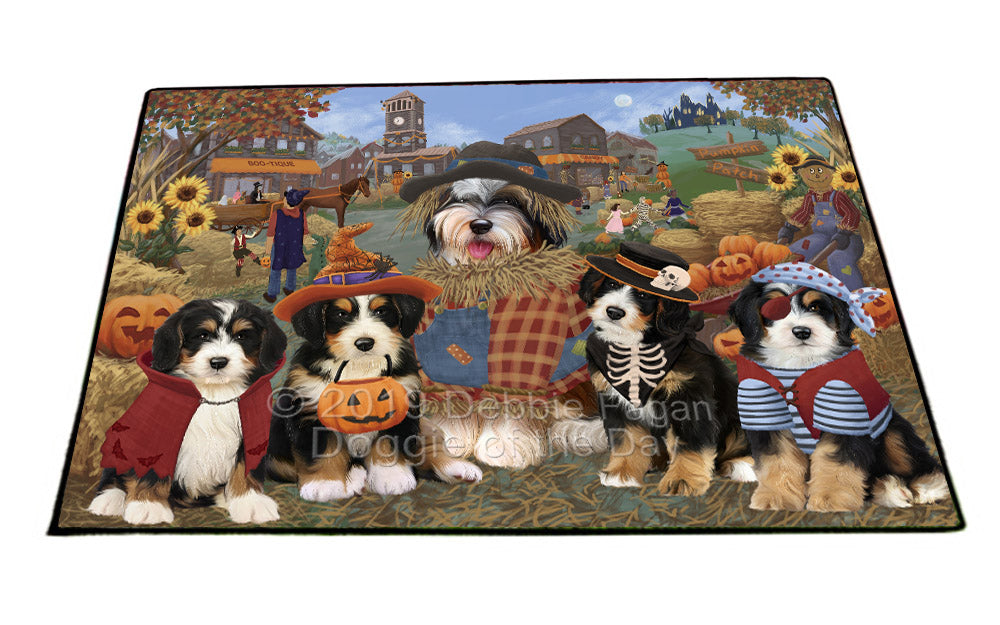 Halloween 'Round Town And Fall Pumpkin Scarecrow Both Bernedoodle Dogs Floormat FLMS53858