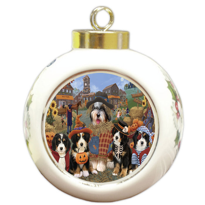 Halloween 'Round Town And Fall Pumpkin Scarecrow Both Bernedoodle Dogs Round Ball Christmas Ornament RBPOR57375