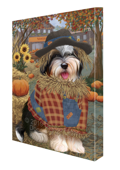 Halloween 'Round Town And Fall Pumpkin Scarecrow Both Bernedoodle Dogs Canvas Print Wall Art Décor CVS139877