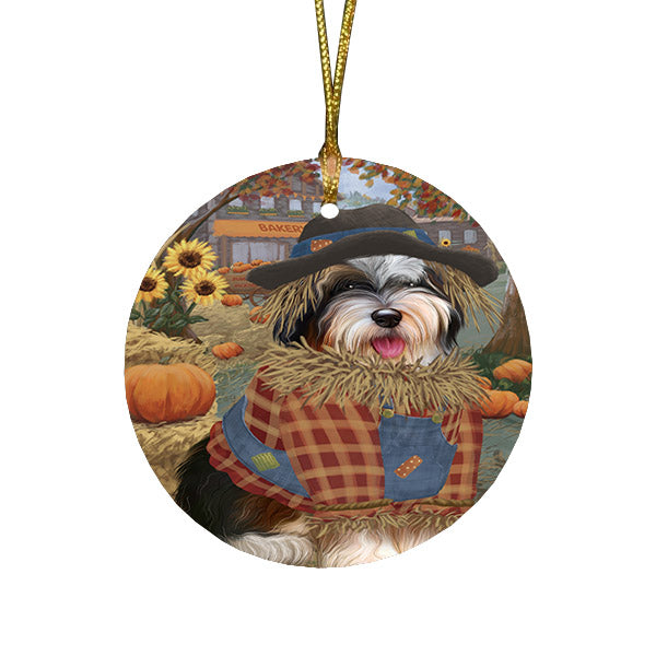 Halloween 'Round Town And Fall Pumpkin Scarecrow Both Bernedoodle Dogs Round Flat Christmas Ornament RFPOR57436