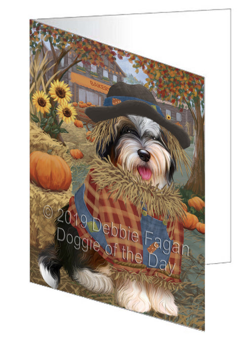 Fall Pumpkin Scarecrow Bernedoodle Dog Handmade Artwork Assorted Pets Greeting Cards and Note Cards with Envelopes for All Occasions and Holiday Seasons GCD77942