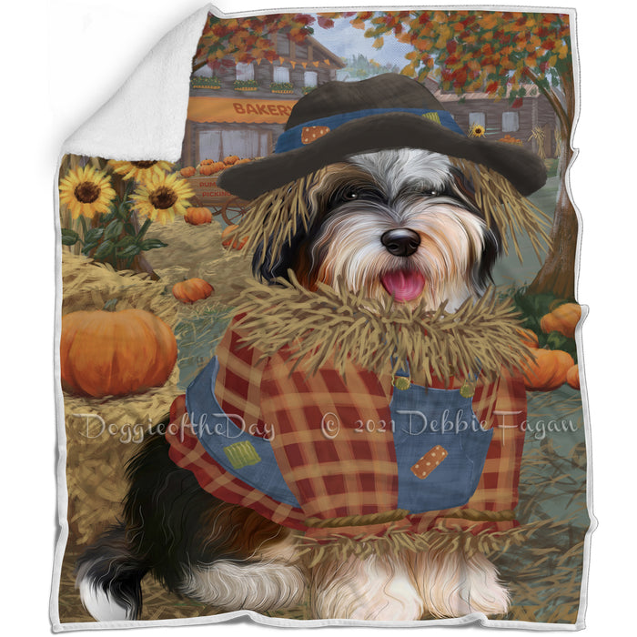 Halloween 'Round Town And Fall Pumpkin Scarecrow Both Bernedoodle Dogs Blanket BLNKT139250