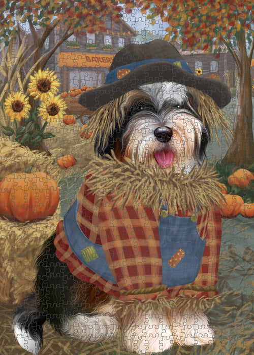 Halloween 'Round Town And Fall Pumpkin Scarecrow Both Bernedoodle Dogs Puzzle with Photo Tin PUZL96436