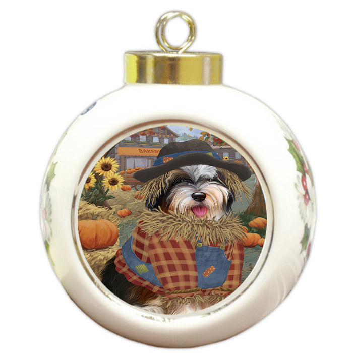 Halloween 'Round Town And Fall Pumpkin Scarecrow Both Bernedoodle Dogs Round Ball Christmas Ornament RBPOR57436