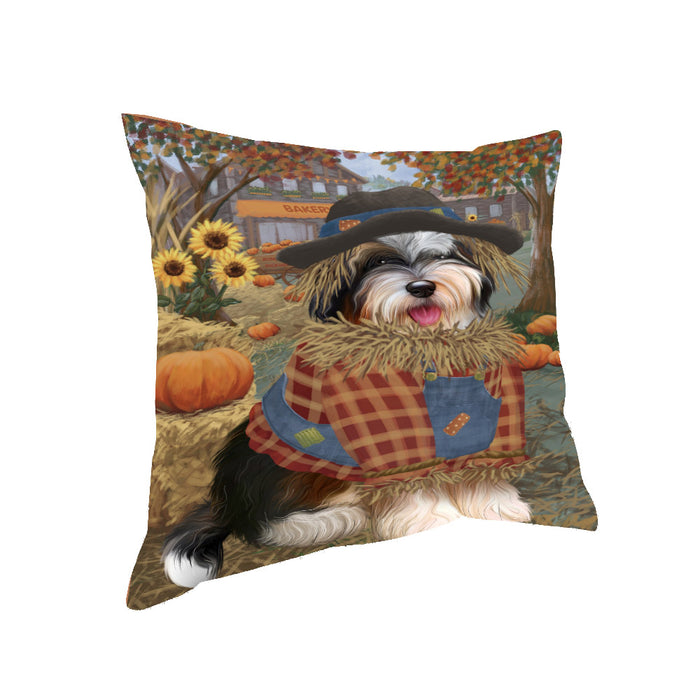 Halloween 'Round Town And Fall Pumpkin Scarecrow Both Bernedoodle Dogs Pillow PIL82528