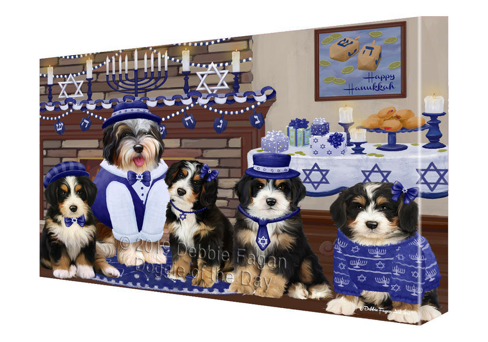 Happy Hanukkah Family and Happy Hanukkah Both Bernedoodle Dogs Canvas Print Wall Art Décor CVS140930
