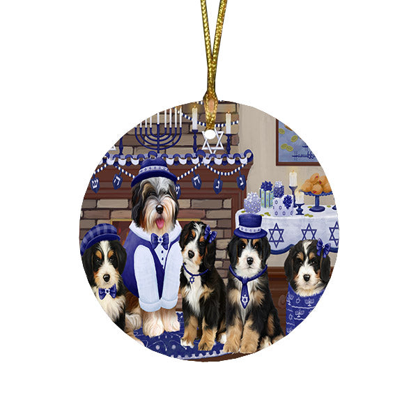 Happy Hanukkah Family and Happy Hanukkah Both Bernedoodle Dogs Round Flat Christmas Ornament RFPOR57497