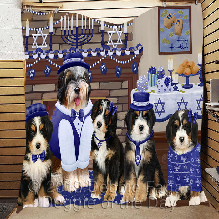 Happy Hanukkah Family and Happy Hanukkah Both Bernedoodle Dogs Quilt