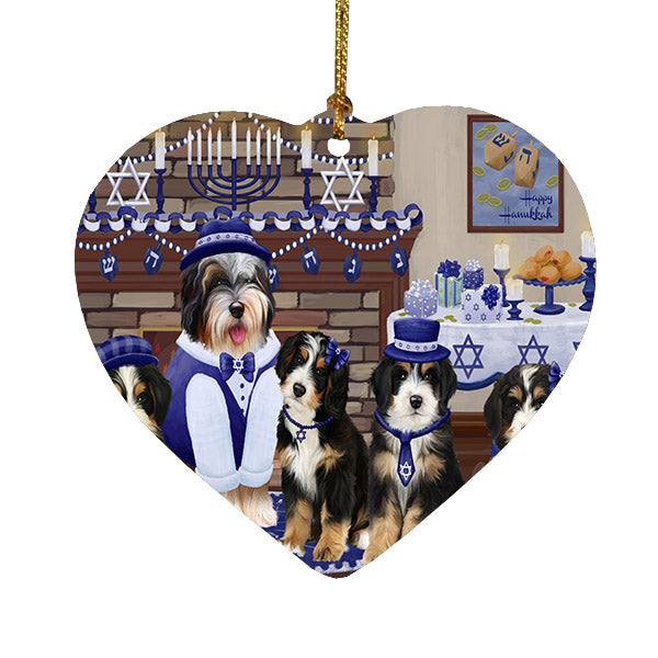 Happy Hanukkah Family Bernedoodle Dogs Heart Christmas Ornament HPOR57593