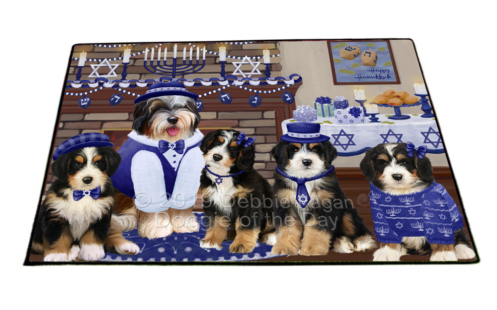 Happy Hanukkah Family and Happy Hanukkah Both Bernedoodle Dogs Floormat FLMS54041