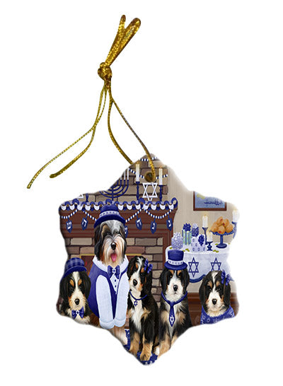 Happy Hanukkah Family Bernedoodle Dogs Star Porcelain Ornament SPOR57593