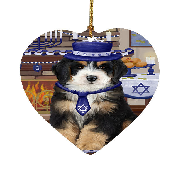 Happy Hanukkah Bernedoodle Dog Heart Christmas Ornament HPOR57649