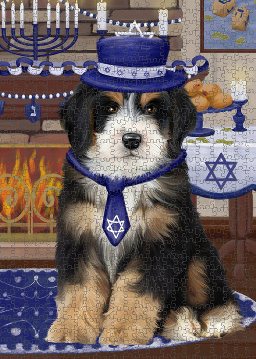 Happy Hanukkah Family and Happy Hanukkah Both Bernedoodle Dog Puzzle with Photo Tin PUZL96904