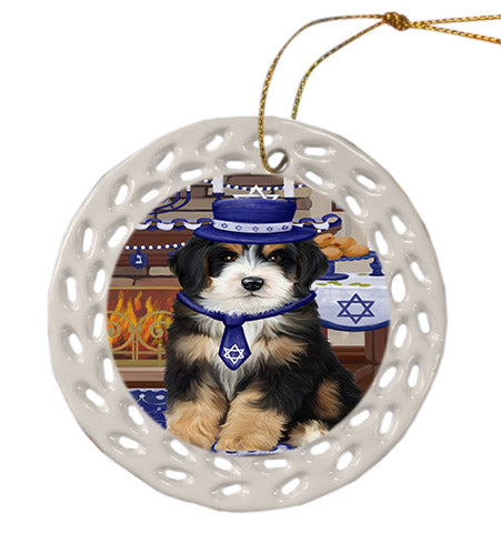 Happy Hanukkah Bernedoodle Dog Ceramic Doily Ornament DPOR57649