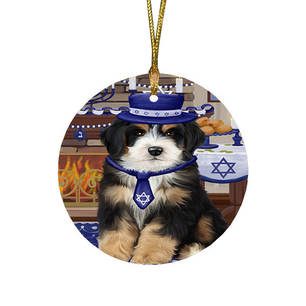Happy Hanukkah Family and Happy Hanukkah Both Bernedoodle Dog Round Flat Christmas Ornament RFPOR57553