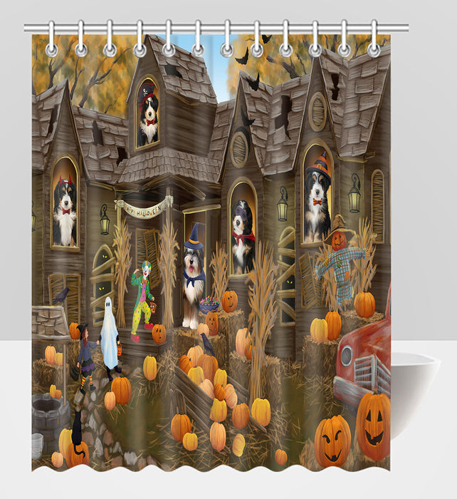 Haunted House Halloween Trick or Treat Bernedoodle Dogs Shower Curtain