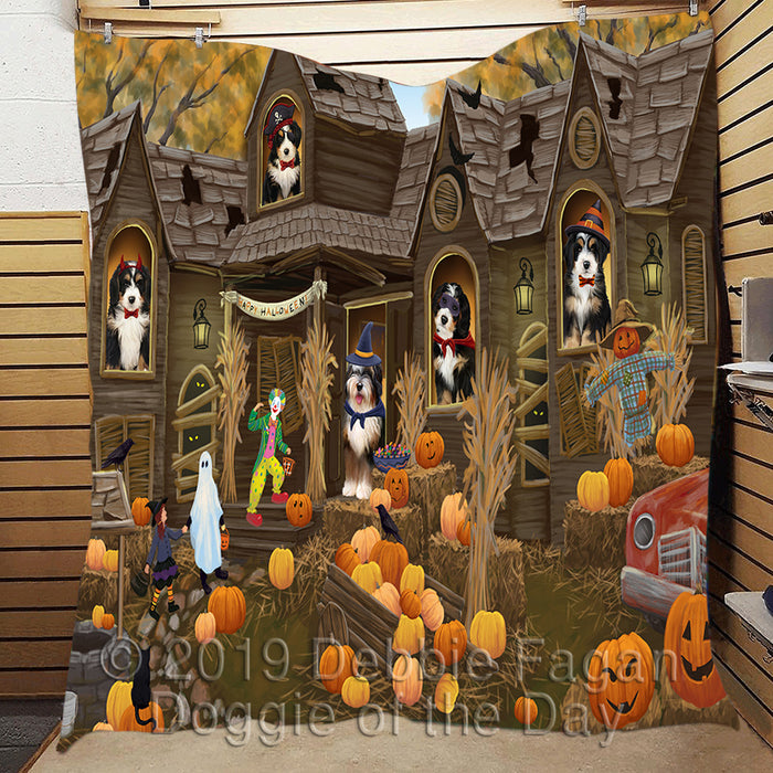Haunted House Halloween Trick or Treat Bernedoodle Dogs Quilt