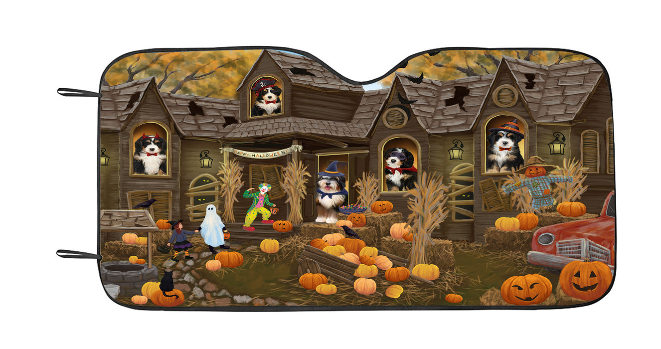 Haunted House Halloween Trick or Treat Bernedoodle Dogs Car Sun Shade
