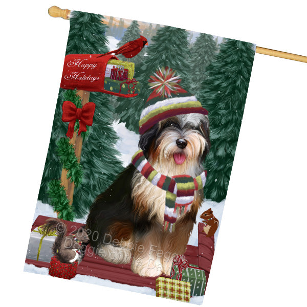 Christmas Woodland Sled Bernedoodle Dog House Flag Outdoor Decorative Double Sided Pet Portrait Weather Resistant Premium Quality Animal Printed Home Decorative Flags 100% Polyester FLG69551