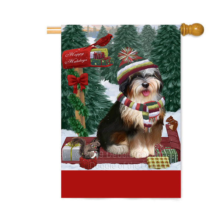 Personalized Merry Christmas Woodland Sled Bernedoodle Dog Custom House Flag FLG-DOTD-A61556