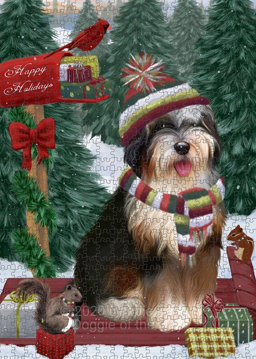 Christmas Woodland Sled Bernedoodle Dog Portrait Jigsaw Puzzle for Adults Animal Interlocking Puzzle Game Unique Gift for Dog Lover's with Metal Tin Box PZL874
