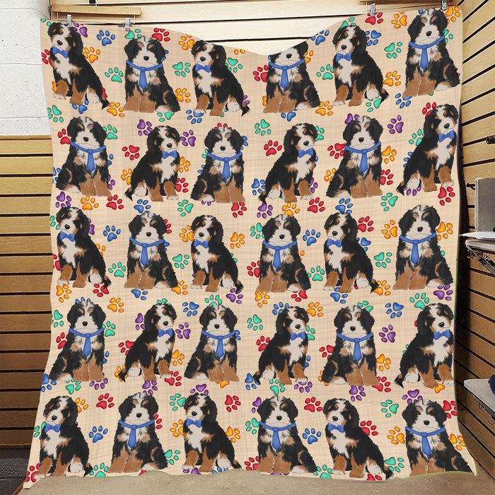 Rainbow Paw Print Bernedoodle Dogs Blue Quilt
