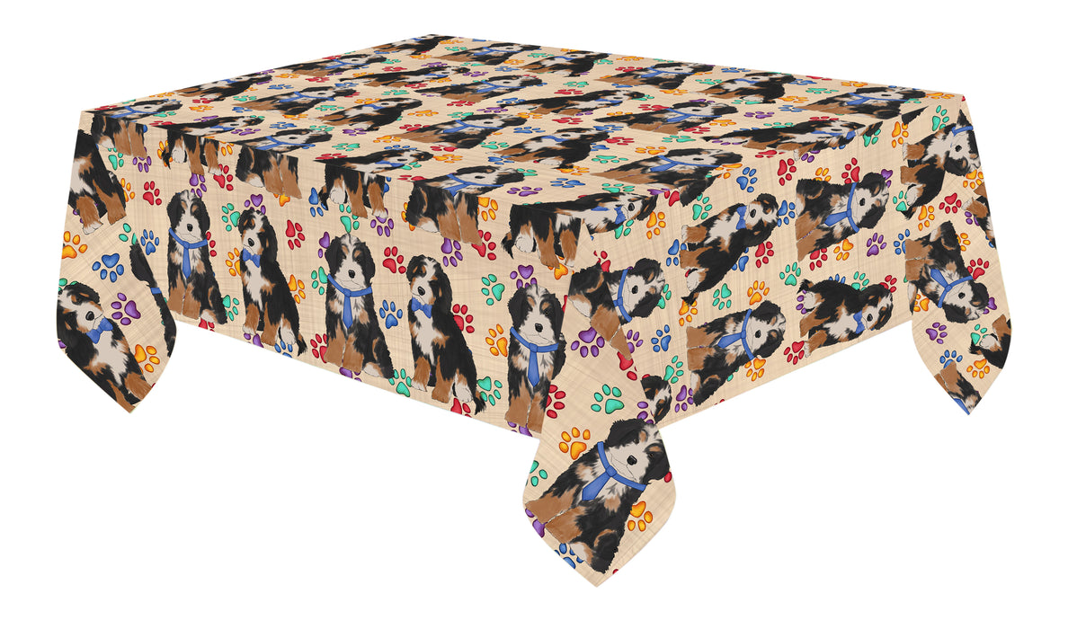 Rainbow Paw Print Bernedoodle Dogs Blue Cotton Linen Tablecloth