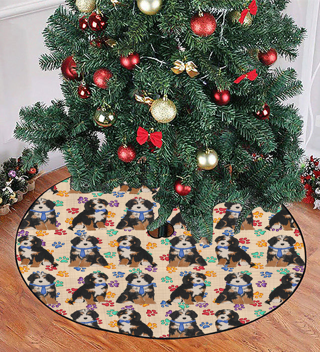 Rainbow Paw Print Bernedoodle Dogs Blue Christmas Tree Skirt