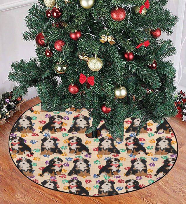 Rainbow Paw Print Bernedoodle Dogs Red Christmas Tree Skirt
