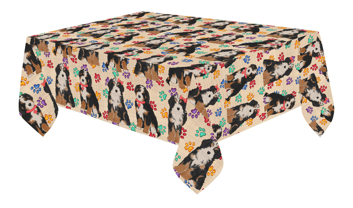 Rainbow Paw Print Bernedoodle Dogs Red Cotton Linen Tablecloth