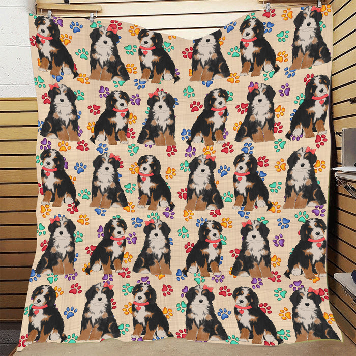 Rainbow Paw Print Bernedoodle Dogs Red Quilt