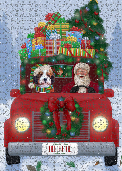 Christmas Honk Honk Red Truck Here Comes with Santa and Bernedoodle Dog Puzzle with Photo Tin PUZL99916