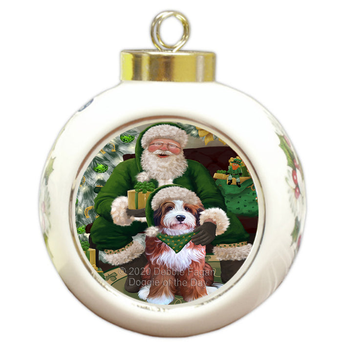 Christmas Irish Santa with Gift and Bernedoodle Dog Round Ball Christmas Ornament RBPOR57902