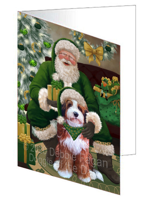 Christmas Irish Santa with Gift and Bernedoodle Dog Handmade Artwork Assorted Pets Greeting Cards and Note Cards with Envelopes for All Occasions and Holiday Seasons GCD75776