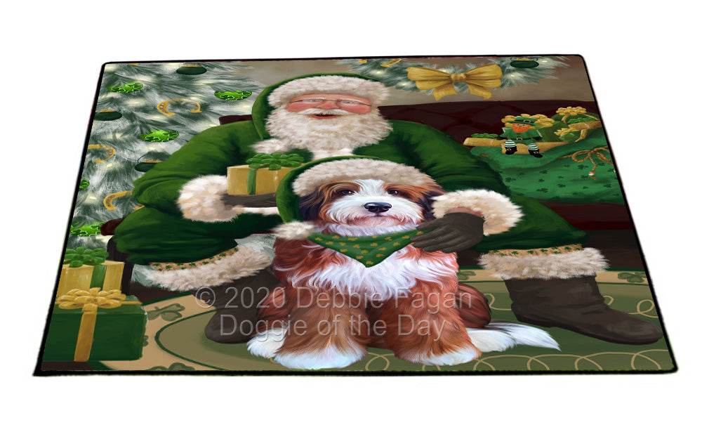 Christmas Irish Santa with Gift and Bernedoodle Dog Indoor/Outdoor Welcome Floormat - Premium Quality Washable Anti-Slip Doormat Rug FLMS57079