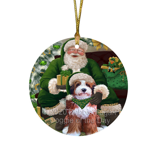 Christmas Irish Santa with Gift and Bernedoodle Dog Round Flat Christmas Ornament RFPOR57902