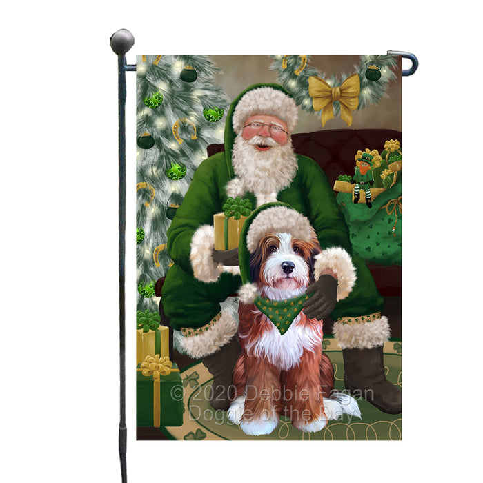 Christmas Irish Santa with Gift and Bernedoodle Dog Garden Flag GFLG66618
