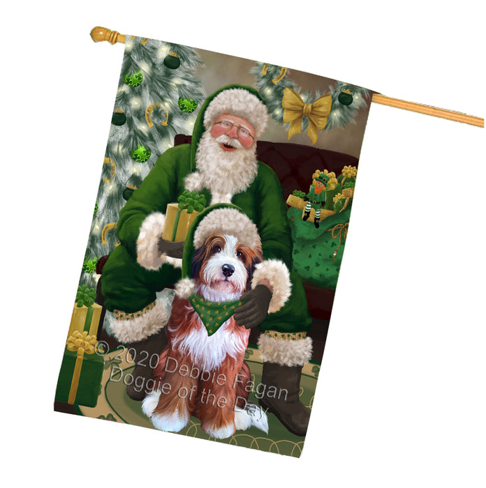 Christmas Irish Santa with Gift and Bernedoodle Dog House Flag FLG66674