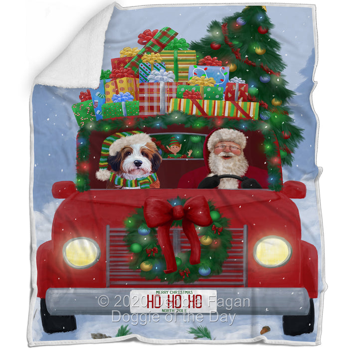 Christmas Honk Honk Red Truck Here Comes with Santa and Bernedoodle Dog Blanket BLNKT140728