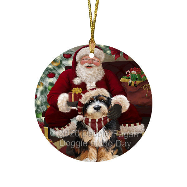 Santa's Christmas Surprise Bernedoodle Dog Round Flat Christmas Ornament RFPOR58001