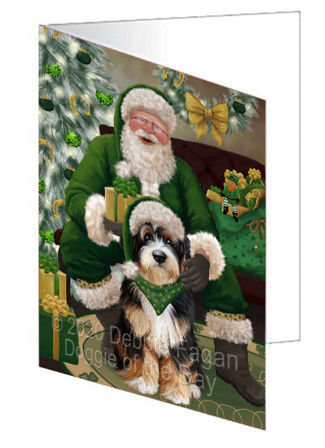 Christmas Irish Santa with Gift and Bernedoodle Dog Handmade Artwork Assorted Pets Greeting Cards and Note Cards with Envelopes for All Occasions and Holiday Seasons GCD75779