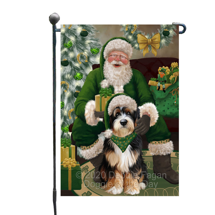 Christmas Irish Santa with Gift and Bernedoodle Dog Garden Flag GFLG66619