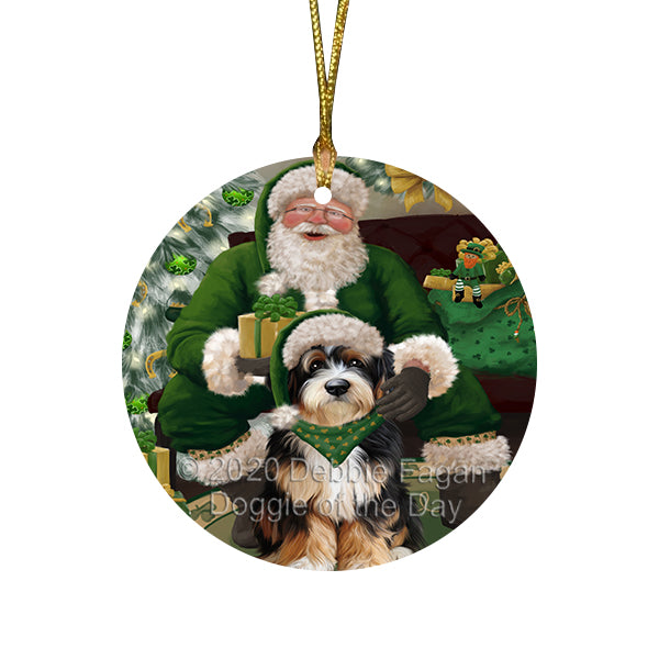 Christmas Irish Santa with Gift and Bernedoodle Dog Round Flat Christmas Ornament RFPOR57903