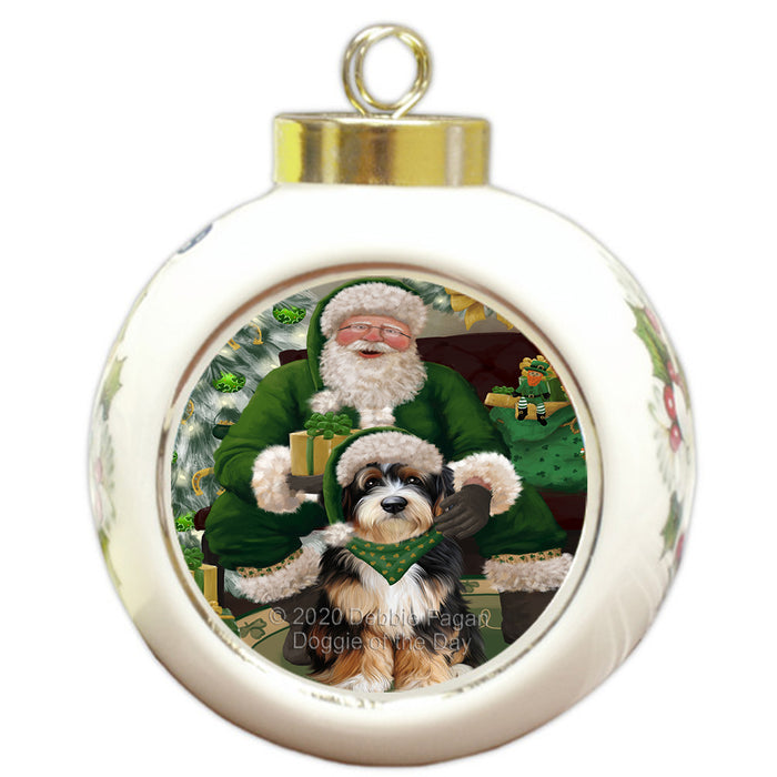 Christmas Irish Santa with Gift and Bernedoodle Dog Round Ball Christmas Ornament RBPOR57903