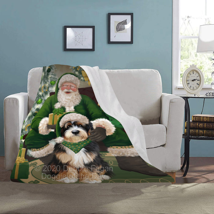 Christmas Irish Santa with Gift and Bernedoodle Dog Blanket BLNKT141223